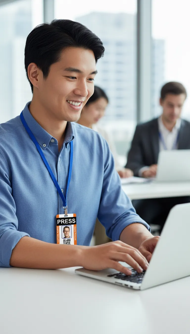 Professional press ID card with blue, brown and white design, company logo, name, title, and barcode.