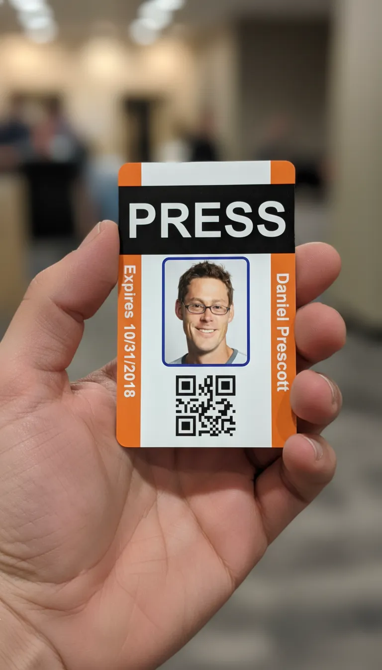 PVC press ID badge template with blue and white color blocks, logo area, and text fields.