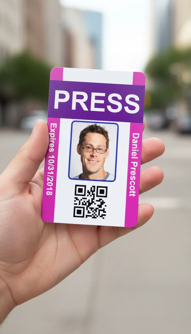 PVC press ID card template with blue and white color blocks, featuring text fields and a circular photo area.
