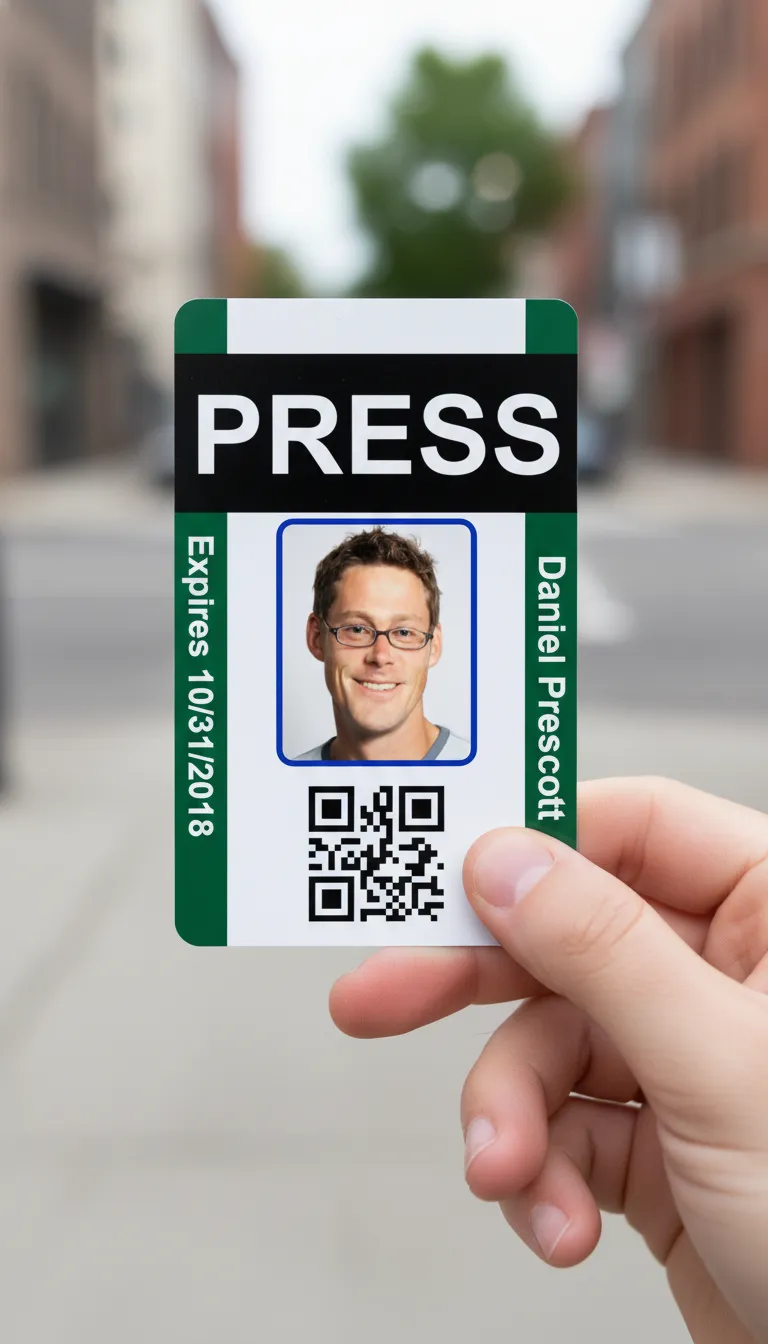 PVC press ID card template with blue and white design, featuring text fields and a circular photo area.