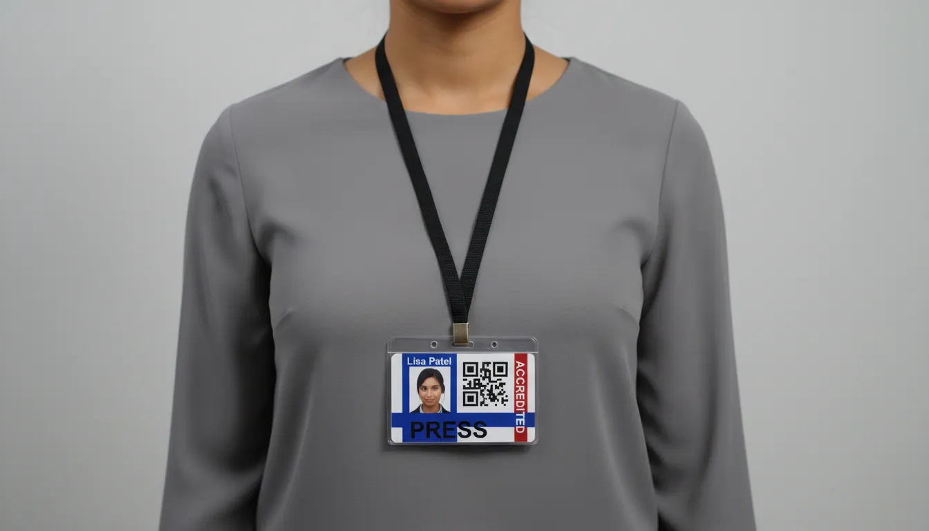 Blue, brown and white ID card with holographic overlay, featuring text fields and logo area.