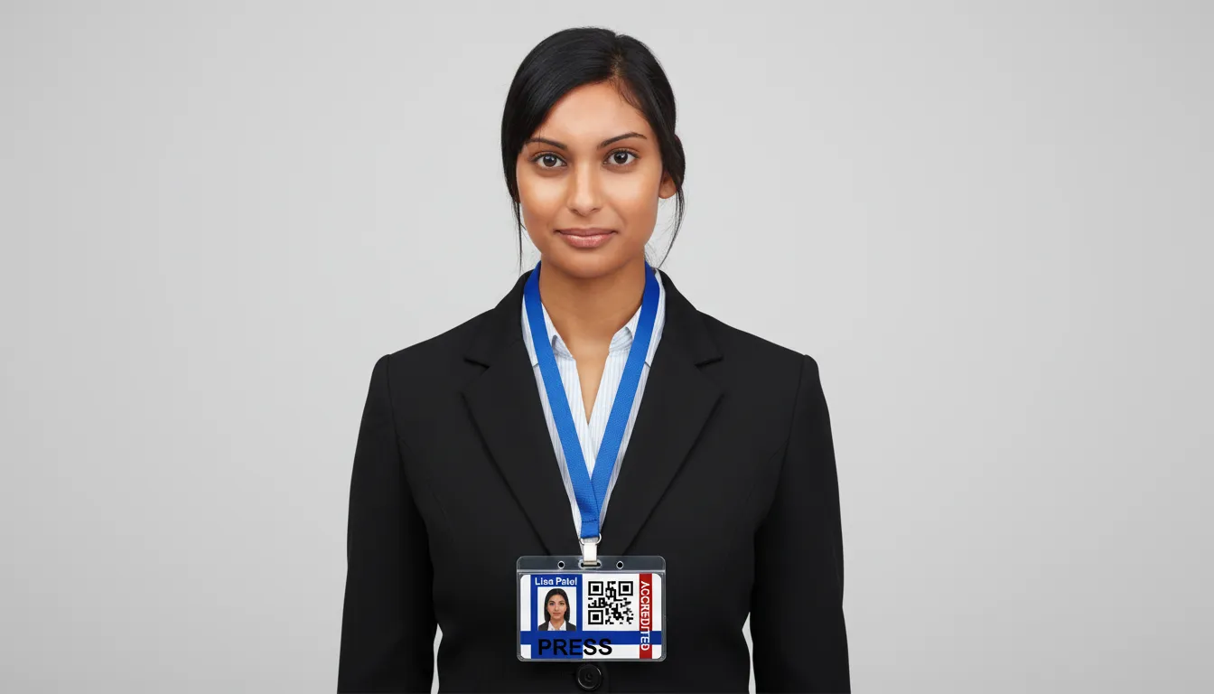 Custom ID badge with blue, brown and white design, featuring logo area, name, title, square photo and barcode.