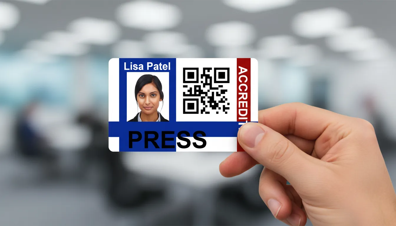 Custom ID card template with blue, brown and white color blocks, logo area, and text fields.