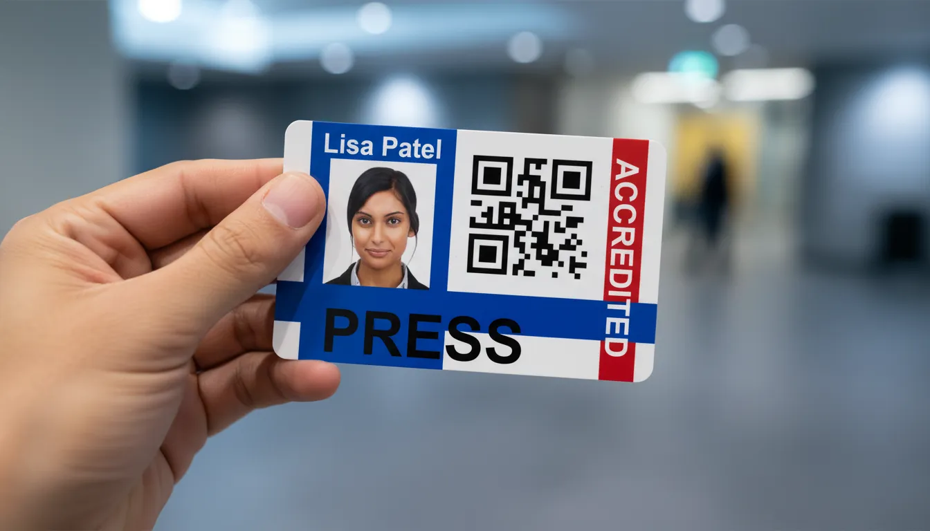 Custom ID card with blue, brown and white design, logo area, name, title, and barcode section.