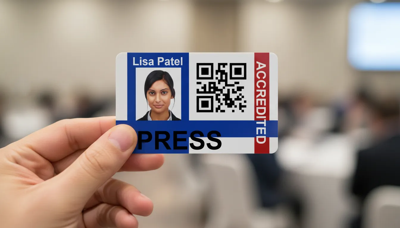 PVC ID badge template with blue, brown and white color blocks, featuring text fields and photo area.