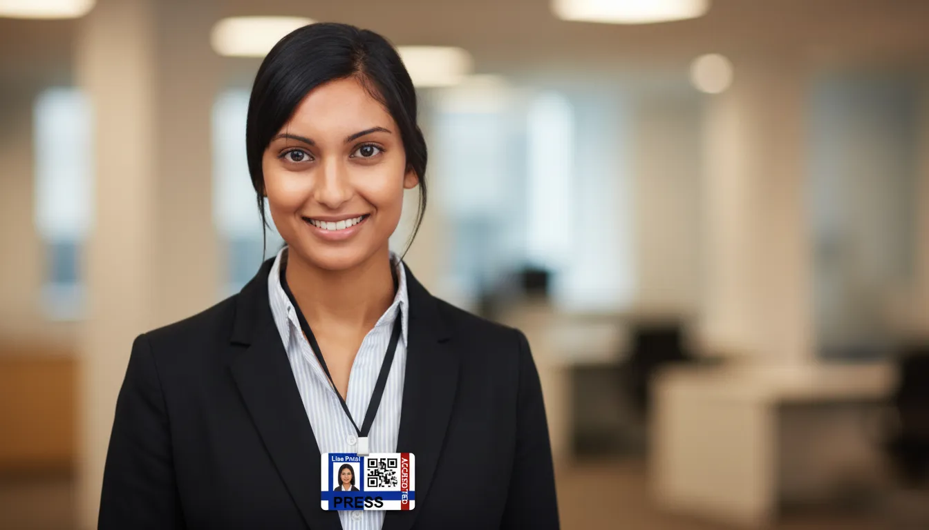 PVC ID badge template with blue, brown and white color blocks, logo area, and text fields.