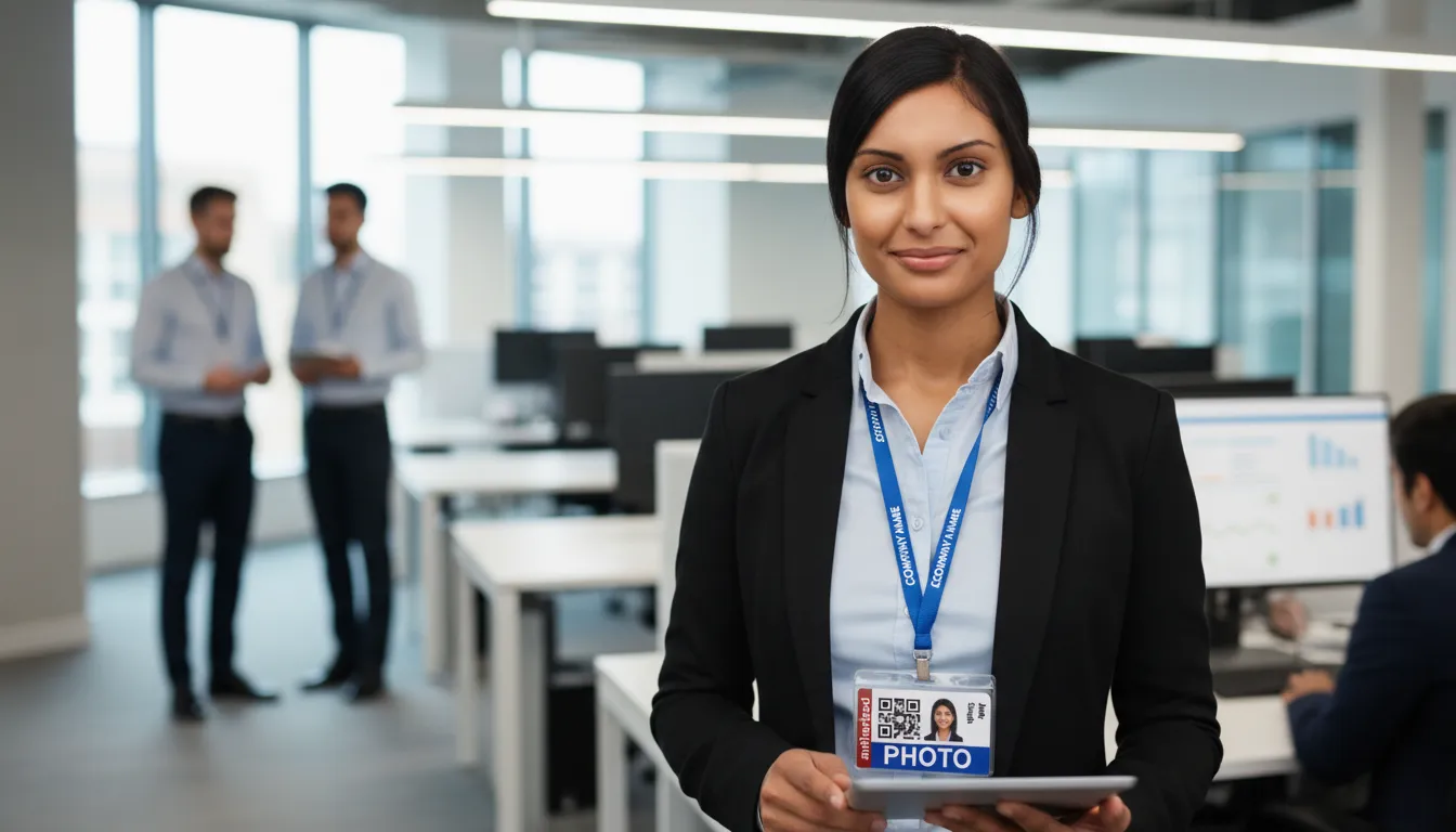 Blue, brown and white ID card template with bold text and simple, modern design elements.