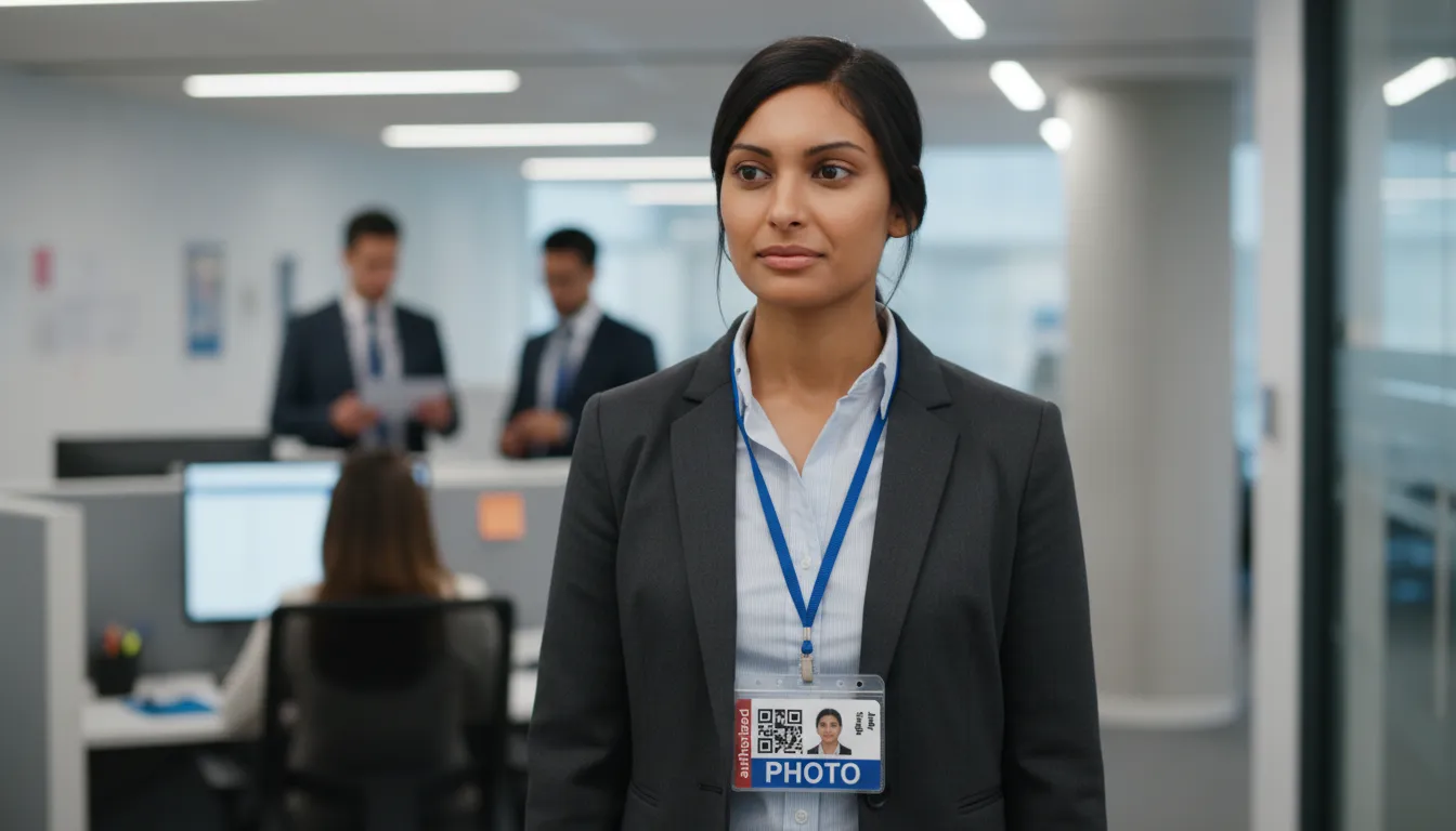 Blue, brown and white ID card template with photo area, name, title, barcode, and company logo.