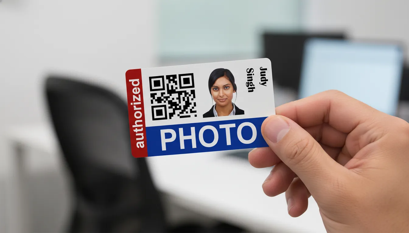 Custom ID badge with blue, brown and white design, featuring name, photo, barcode, and company logo.