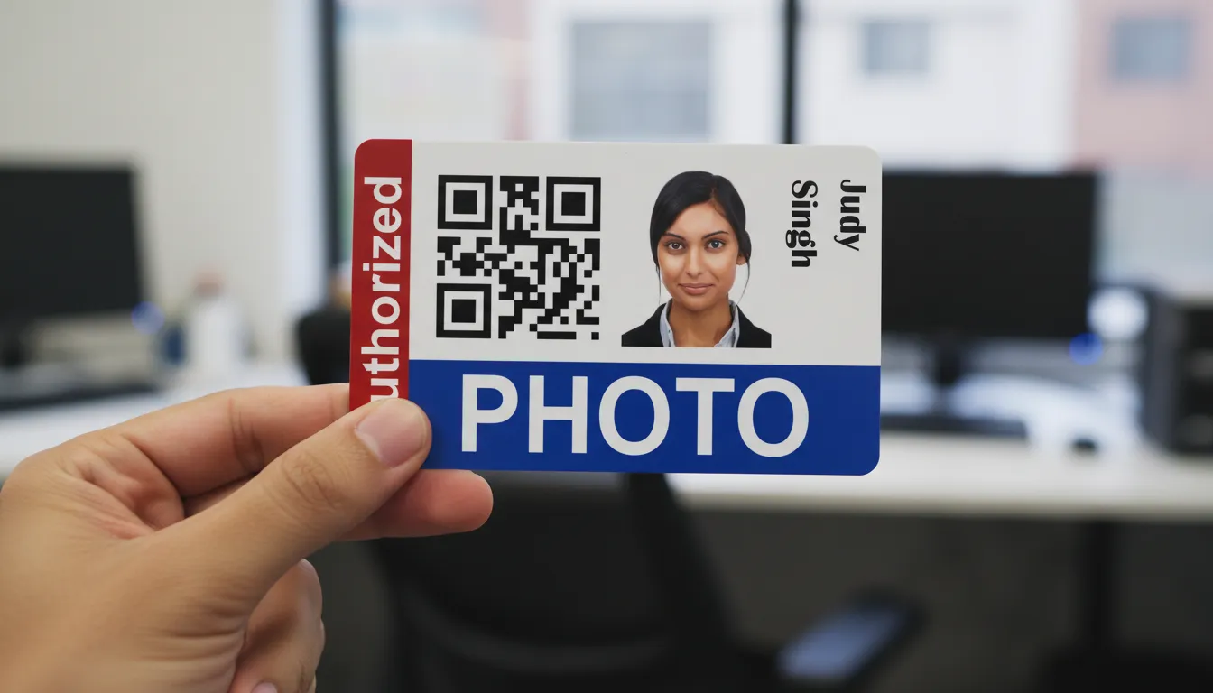 Custom ID card with blue, brown and white design, logo area, name, title, barcode, and contact details.