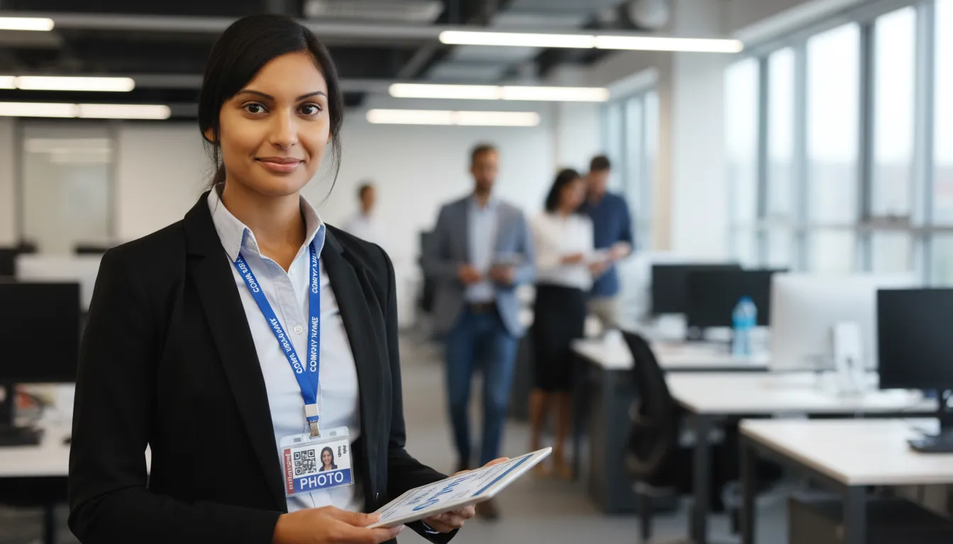 Durable ID card with blue, brown and white design, featuring name, title, barcode, and company logo.
