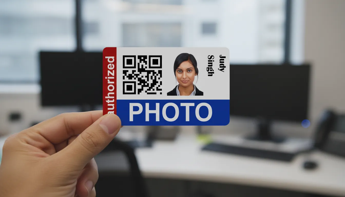Professional ID badge with blue, brown and white design, featuring name, title, barcode, and company logo.