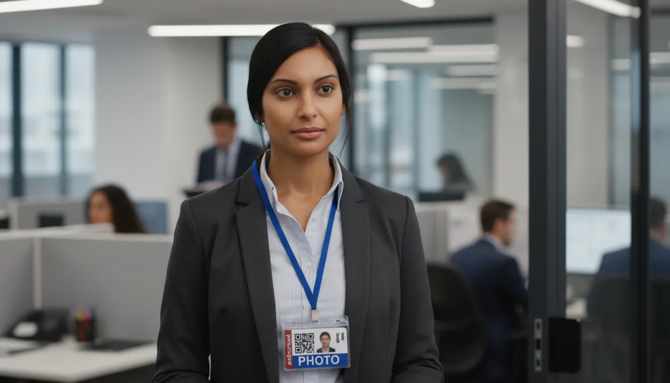 Professional ID card with blue, brown and white design, featuring name, title, barcode, and company logo.