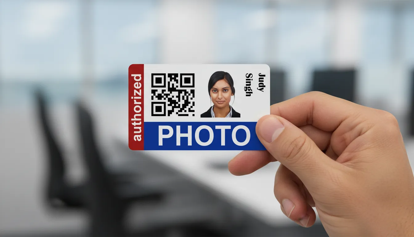 PVC ID badge with blue, brown and white design, featuring text fields and a circular logo area.