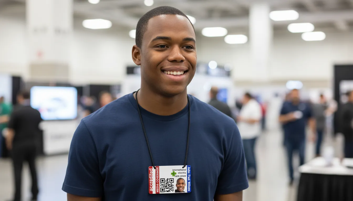 Brown and white id card template with photo area, name, title, barcode, and company logo.