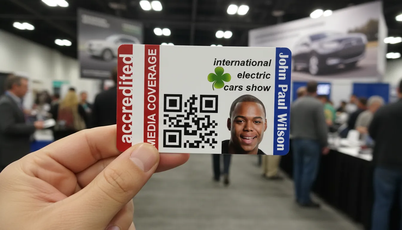 Custom ID badge with brown and white design, company logo, name, square photo, title, and barcode.