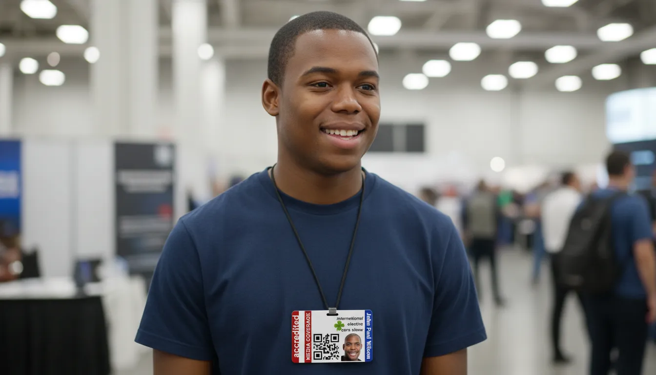 Professional ID badge with brown and white color scheme, featuring name, title, and barcode.