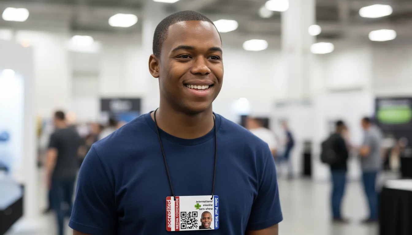 Professional ID badge with brown and white design, featuring name, photo, title, barcode, and company logo.