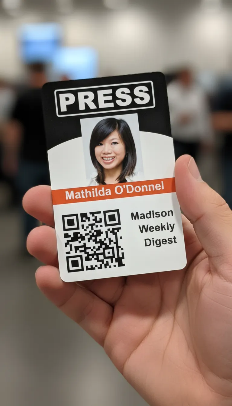 Brown and white ID card template with photo placeholder, name, title, barcode, and company logo.