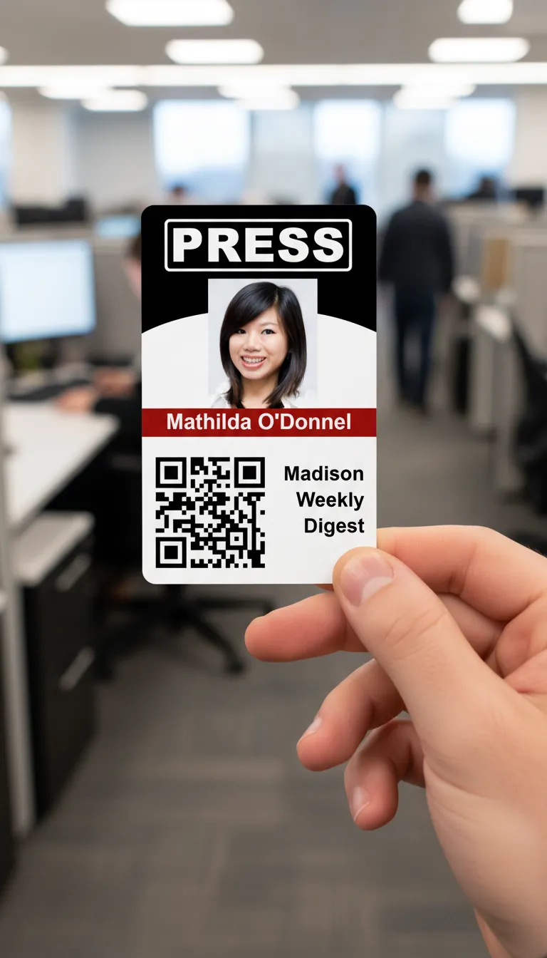 Brown and white id card with holographic overlay, featuring text fields and a circular photo placeholder.