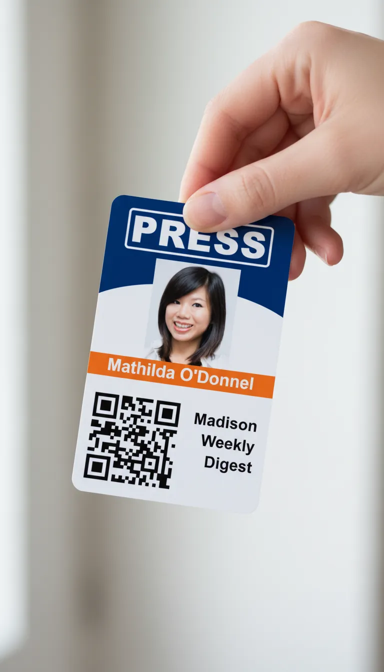 Brown and white id card with holographic overlay, featuring text fields and company logo area.