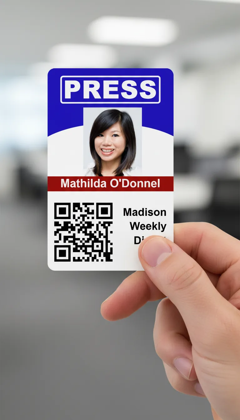 Professional ID badge with blue and brown design, company logo, name, title, and barcode.