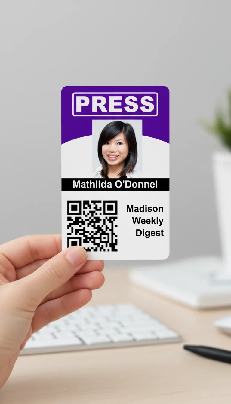 Professional ID badge with brown and white color, featuring name, title, barcode, and company logo.