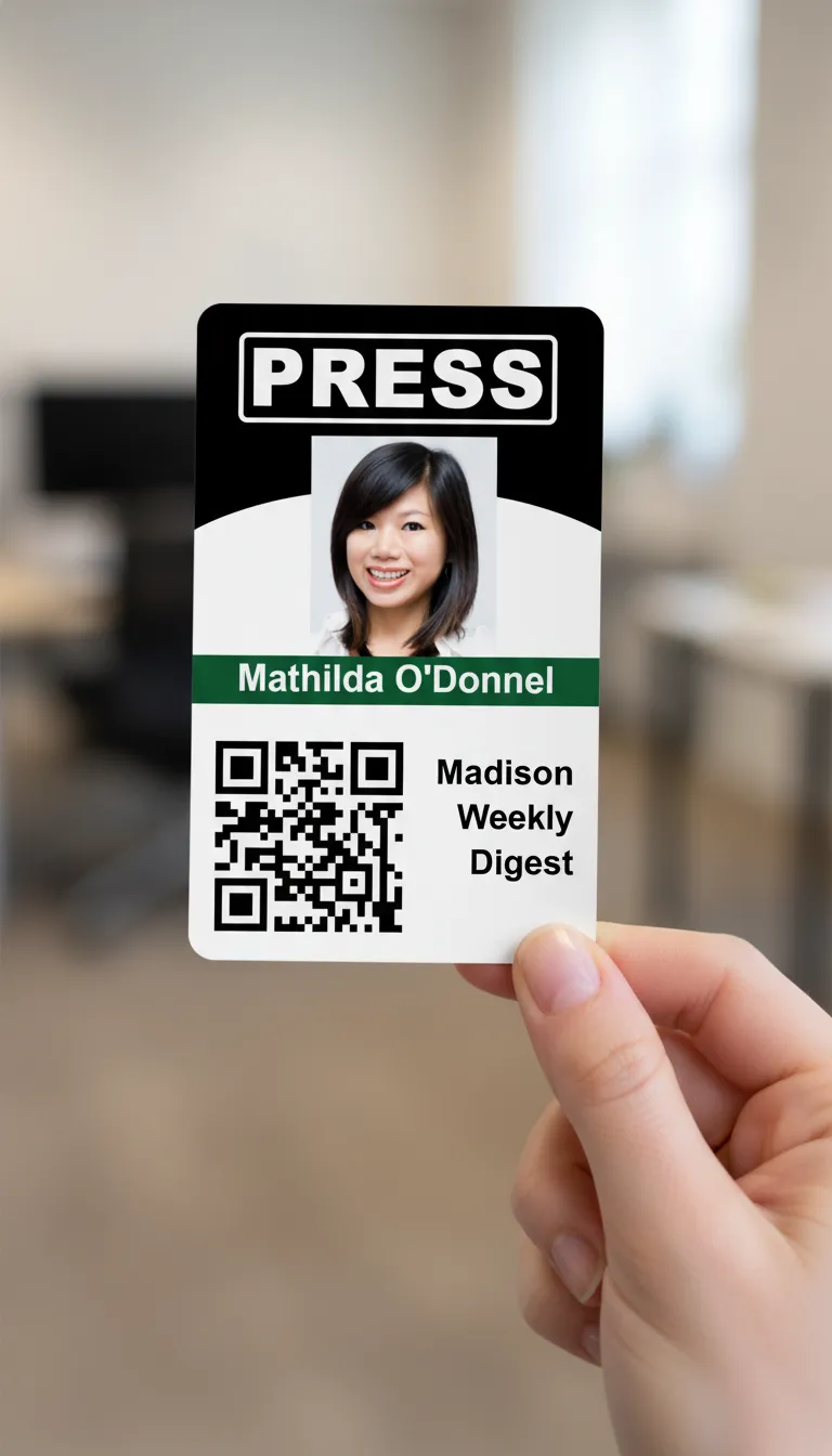 Professional ID badge with brown and white design, company logo, name, and barcode displayed.