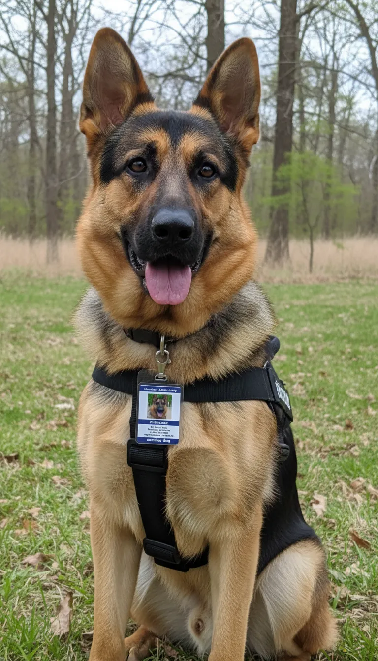 Blue and white ID card template with photo area, featuring details of a Service dog.