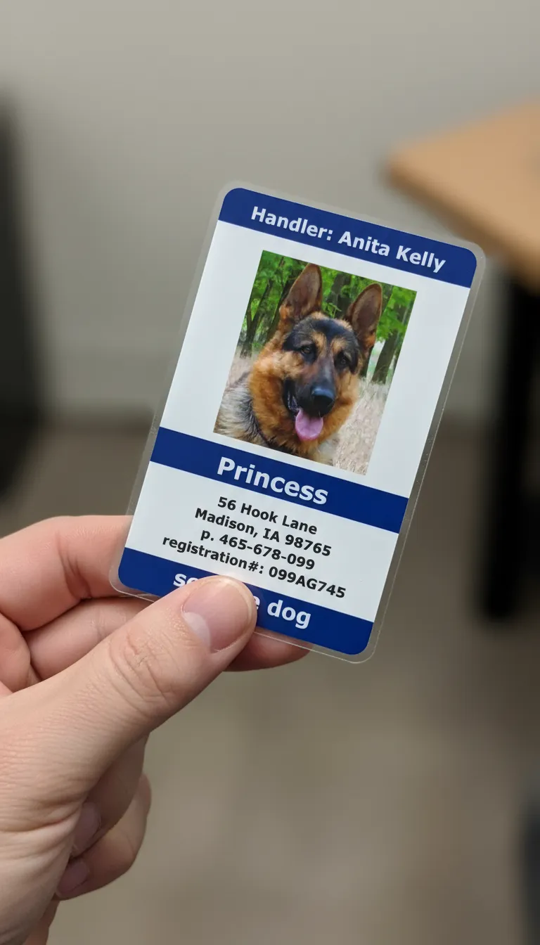 Custom ID badge template with blue and white color blocks, featuring breed and registration number of a Service dog.