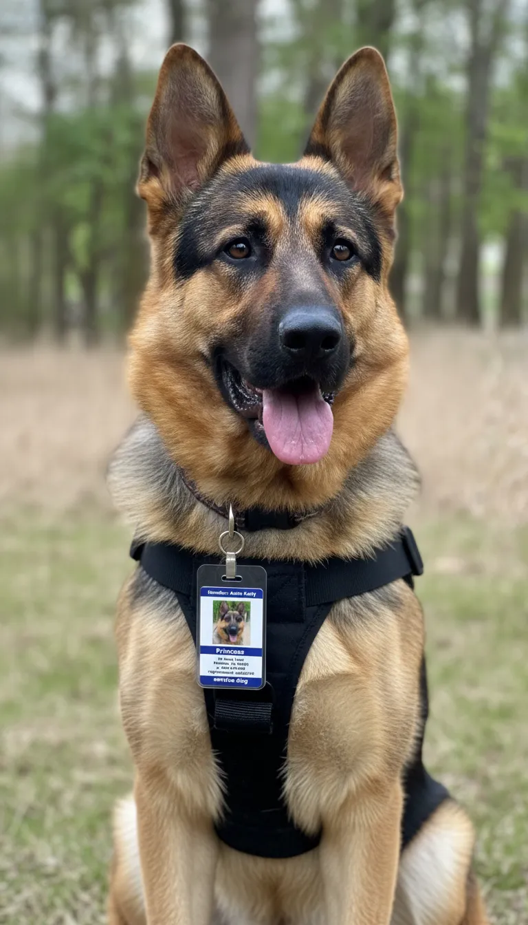 Custom ID badge with blue and white design, featuring breed and registration number of a Service dog.