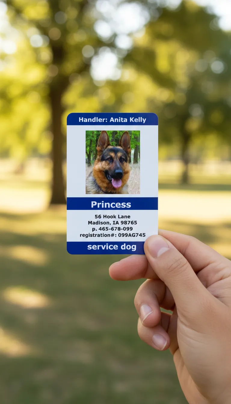 Durable ID card with blue and white design, featuring details of a Service dog.