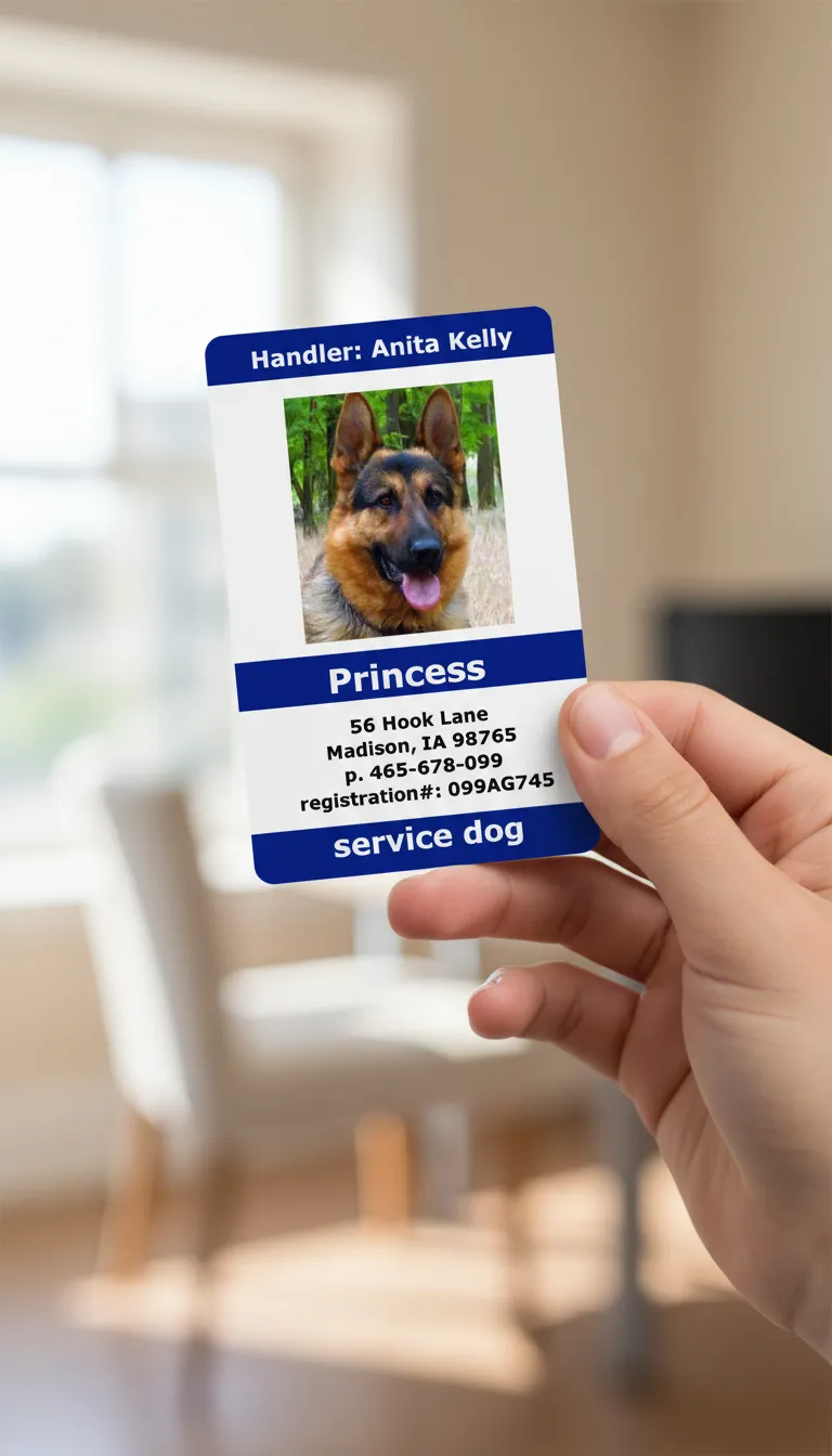 ID badge with blue and white design,  featuring breed and registration number of a Service dog.