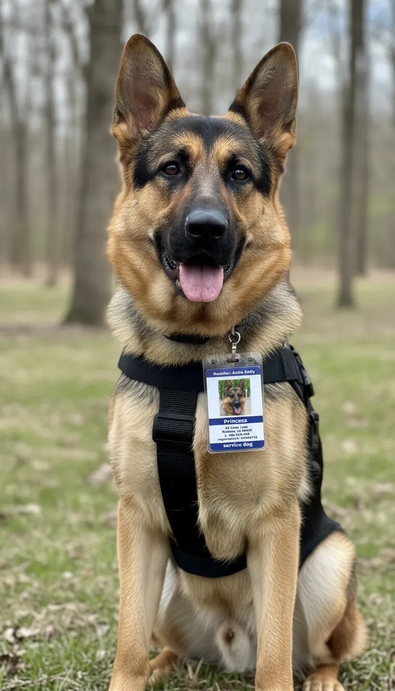 ID badge with blue and white design, featuring breed and registration number of a Service dog.