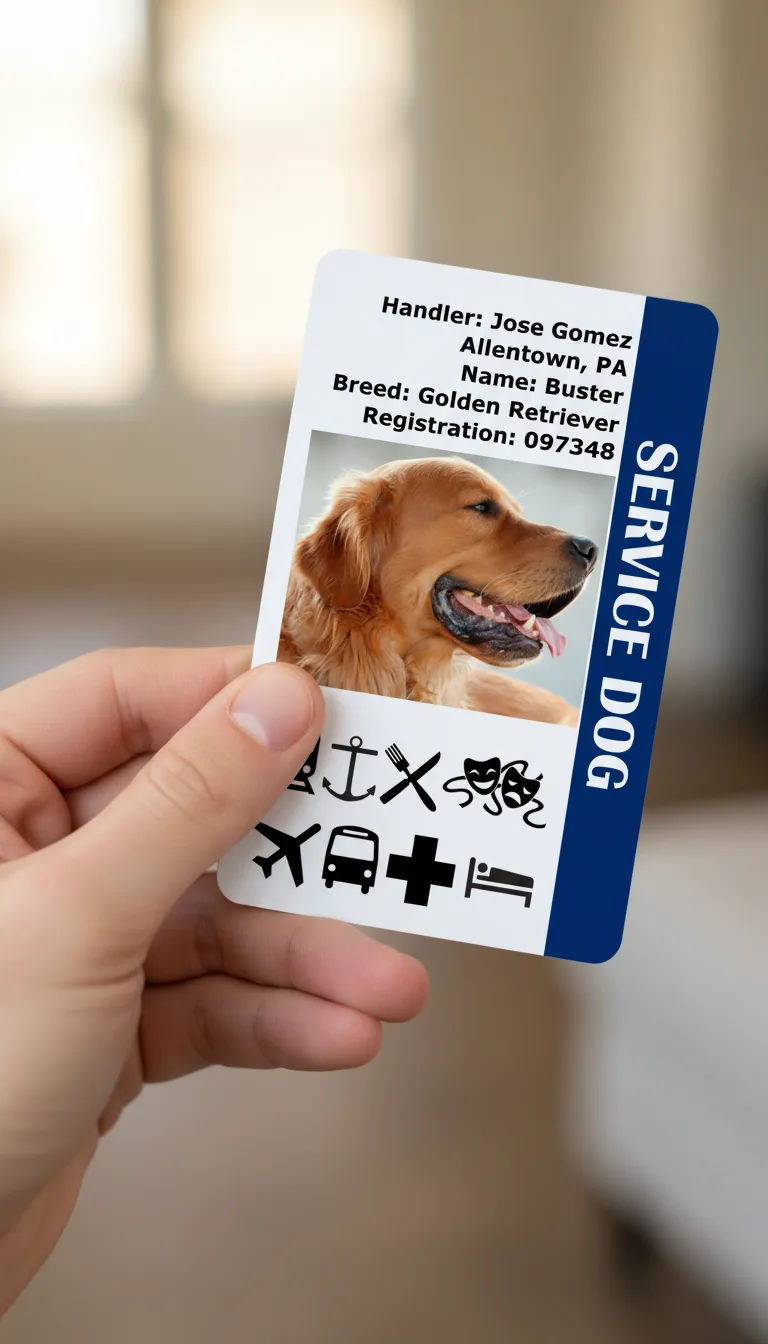 Custom ID badge in red and white design,  featuring breed of a Service dog and registration number.