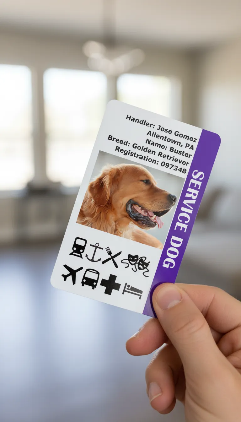 Custom ID card template in red and white color design,  featuring breed of a Service dog and registration number.