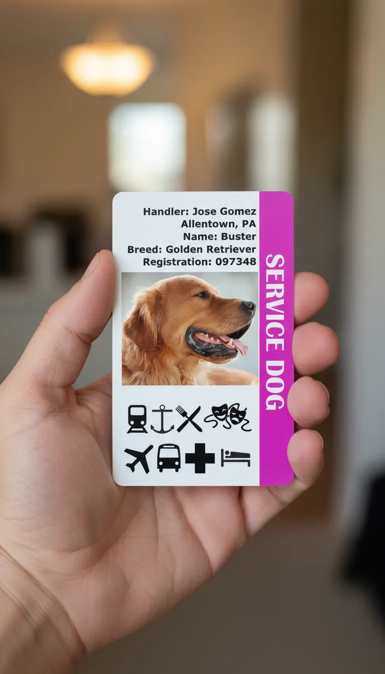 Durable ID card in red and white design, featuring breed of a Service dog and registration number.
