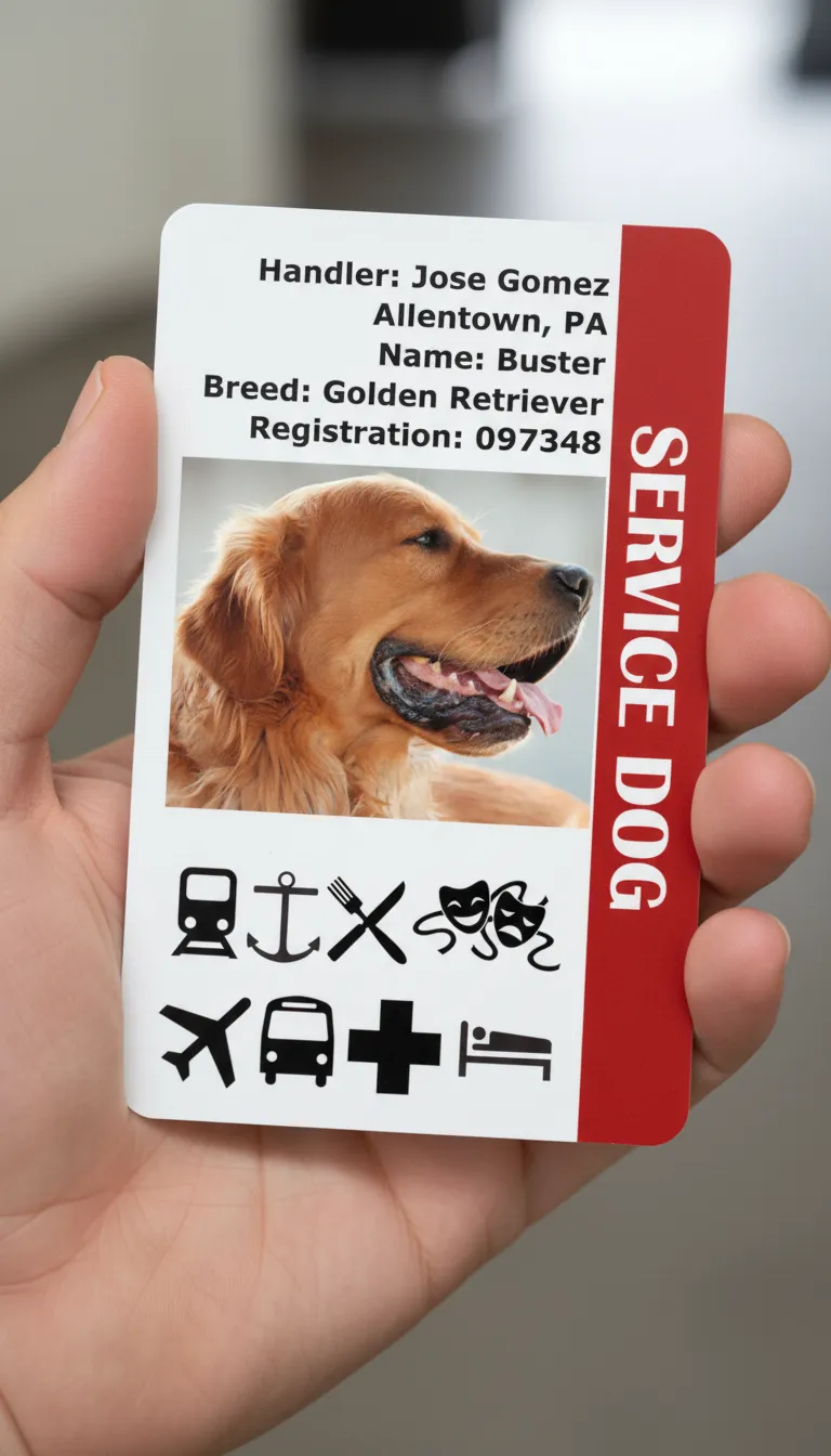 ID badge with red and white design, featuring breed and registration number of a Service dog.