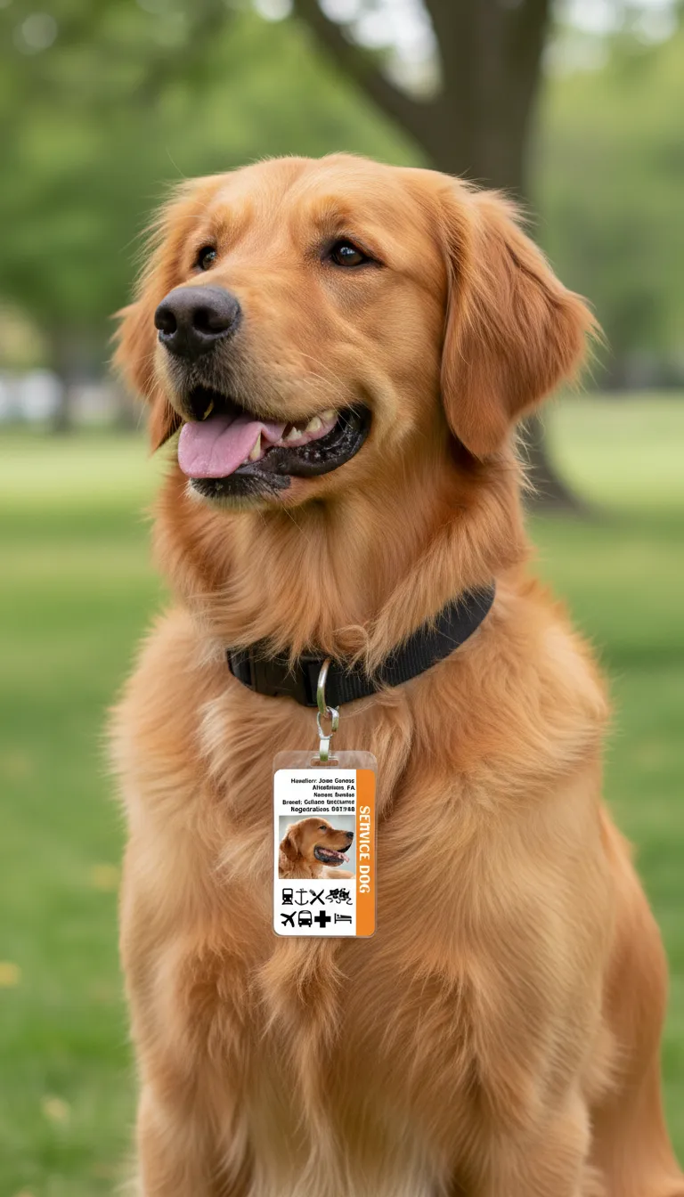 ID card in red and white design,   featuring breed of a Service dog and registration number.