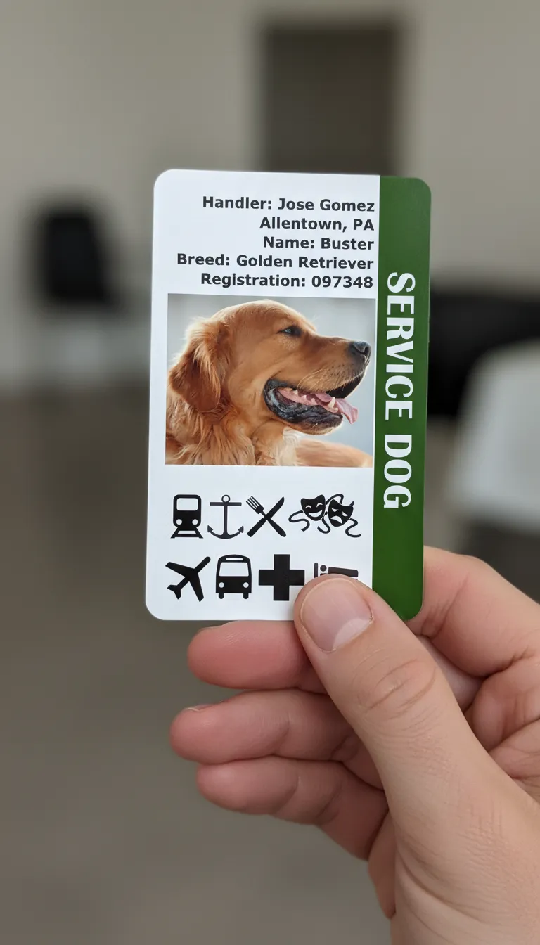 ID card with red and white design, featuring breed of a Service dog and registration number.