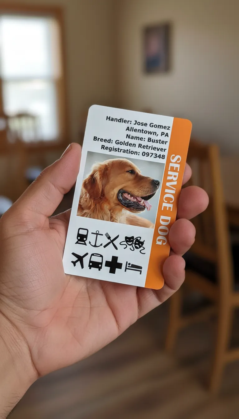 PVC ID badge template in red and white color, featuring breed and registration number of a Service dog.