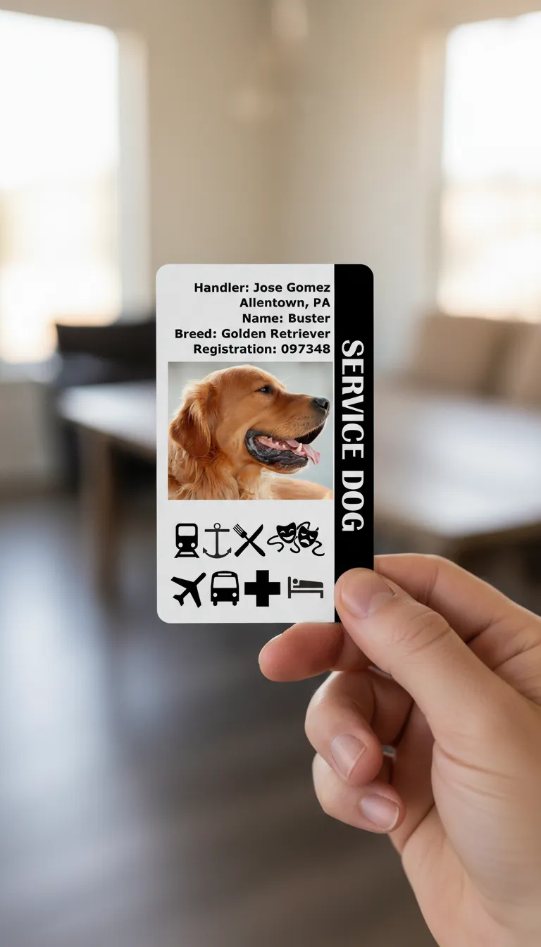 PVC ID badge template in red and white colors,  featuring breed of a Service dog and registration number.