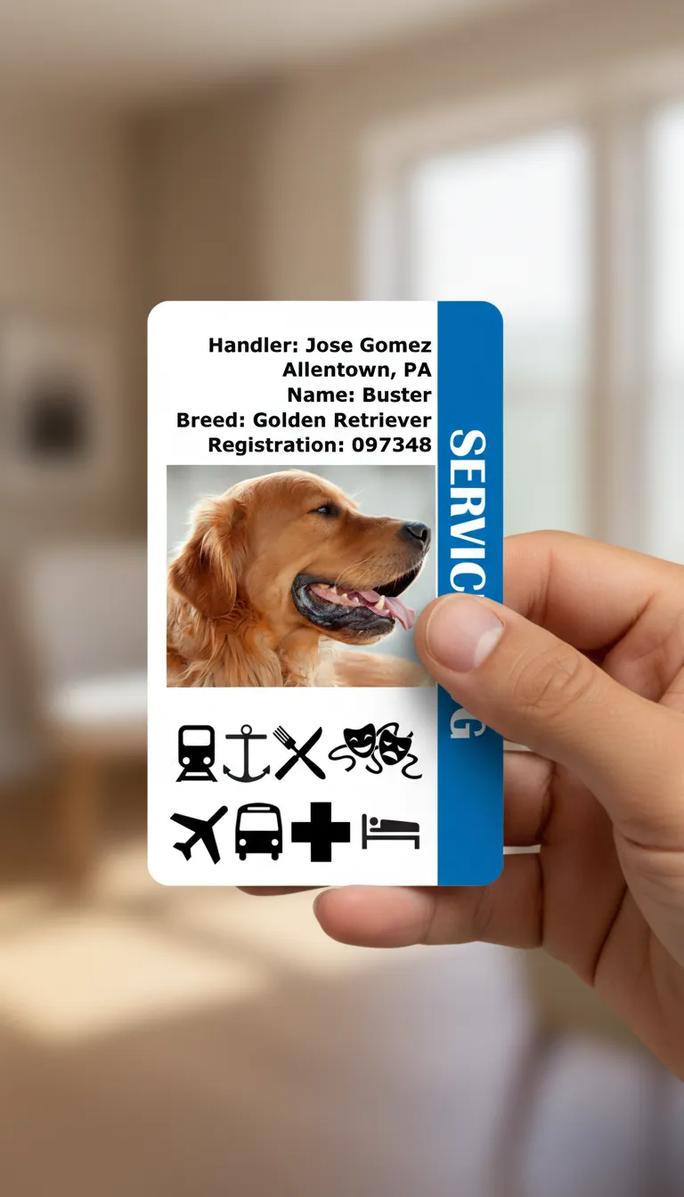 Red and white ID card template with photo area, featuring breed of a Service dog and registration number.