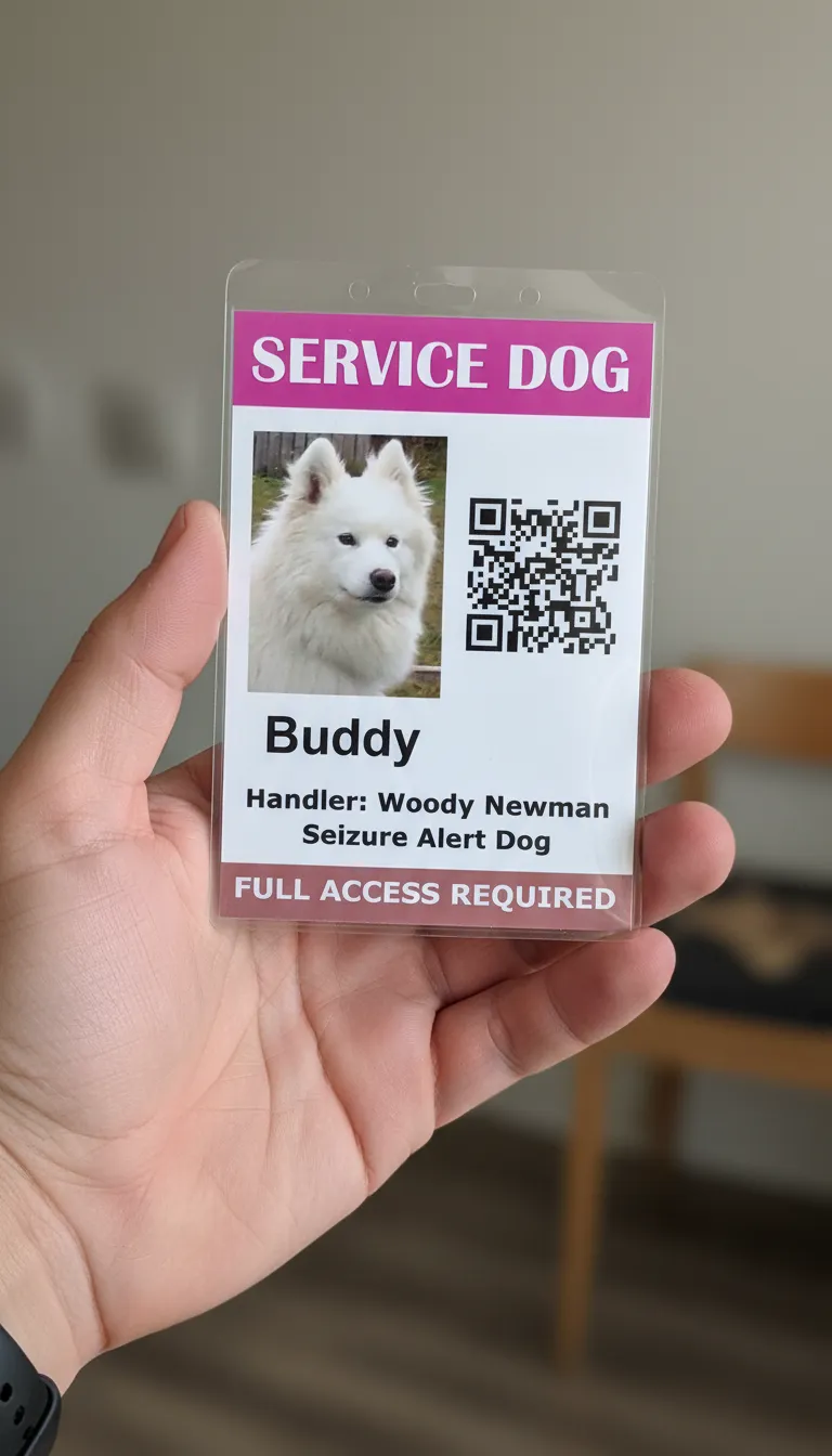 ID badge with blue and white design,  featuring text fields and photo of a Service dog.