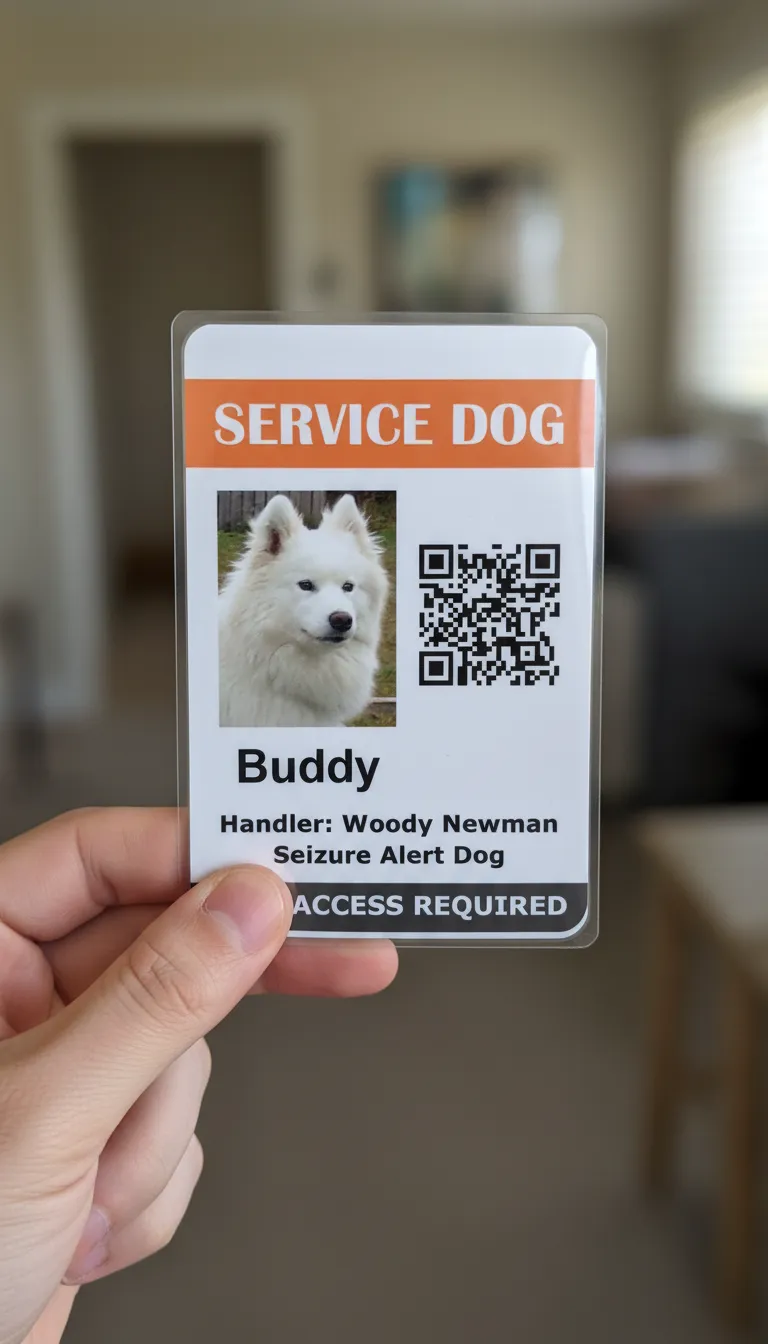 Blue and white ID card template with photo area,  featuring text fields and photo of a Service dog.