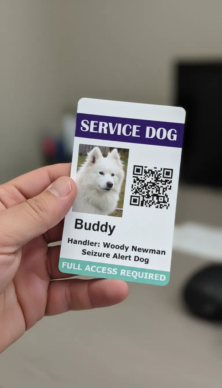 Custom ID badge with blue and white design, featuring text fields and a square photo of a Service dog.