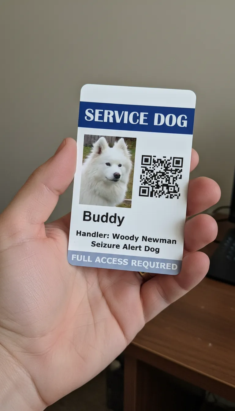 PVC ID card template with blue and white color blocks,  featuring text fields and photo of a Service dog.