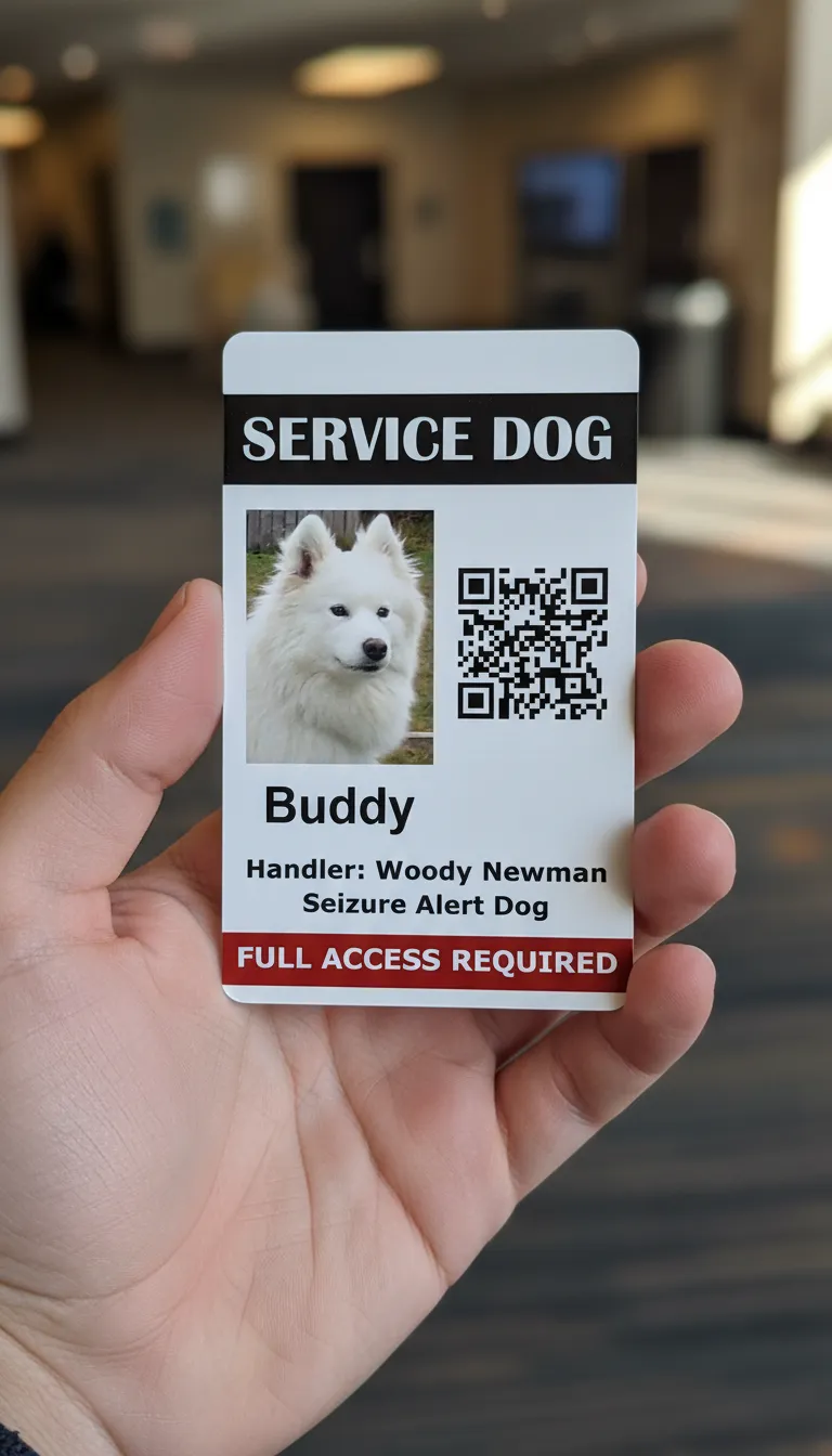 PVC ID card template with blue and white design,  featuring text fields and photo of a Service dog.