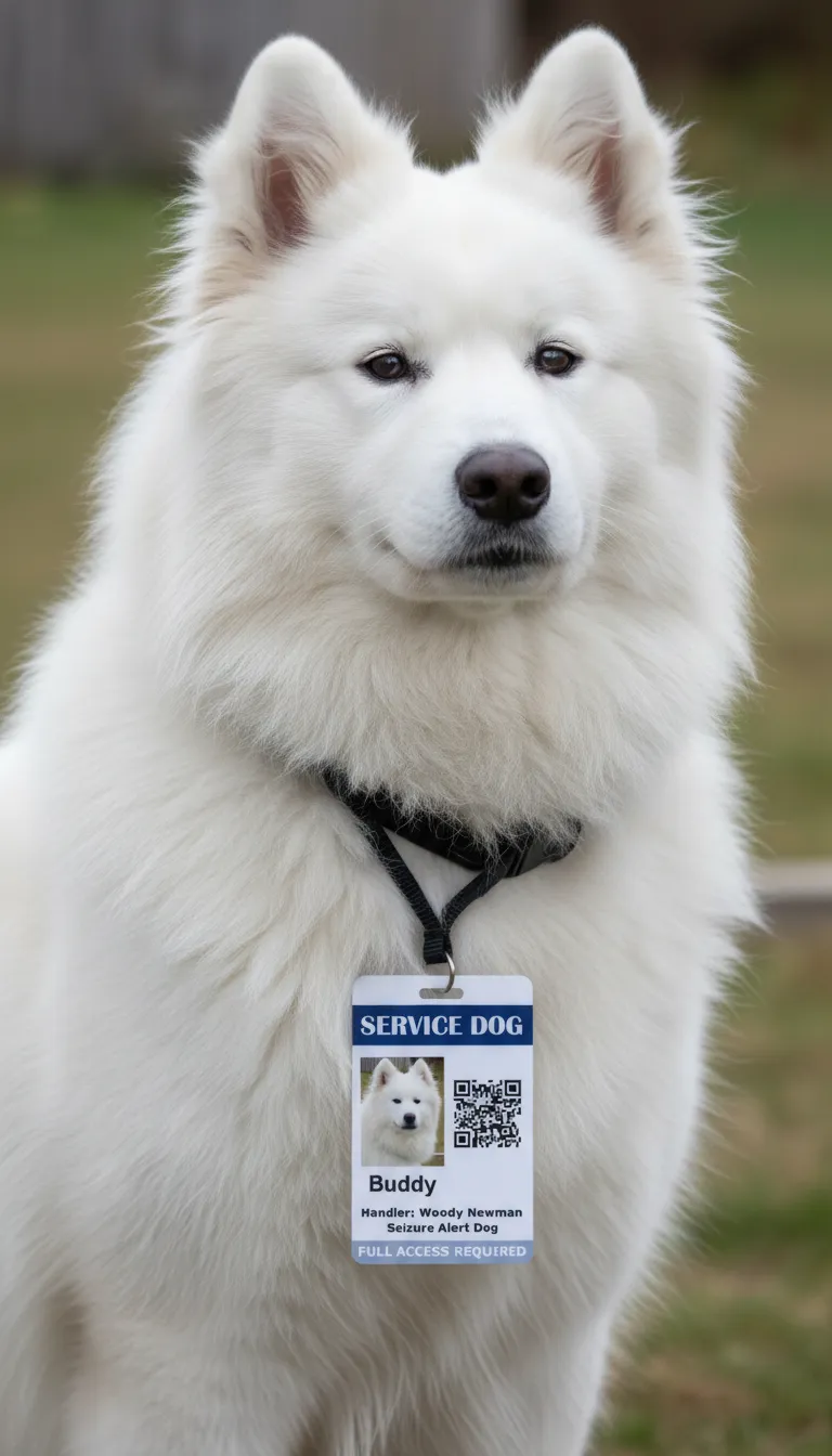 PVC ID card template with blue and white design, featuring text fields and photo of a Service dog.