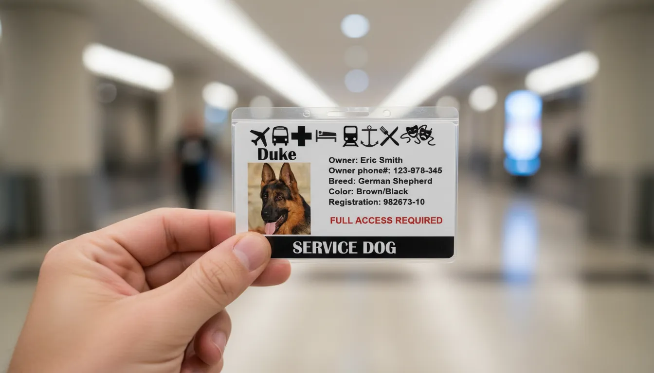 Custom ID badge with blue and white design, featuring logo, name, title, and barcode.